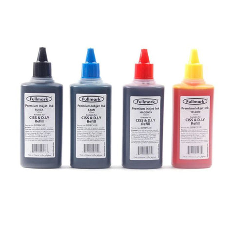 Fullmark Universal Inkjet Dye Ink for CISS and DIY Refill 100ml, Set of 4 (CMYK) for HP, Canon, Brother, Epson
