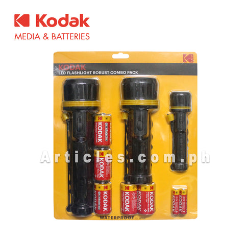 Kodak LED Flashlight Robust Combo 15 / 36 / 40 Lumens Rubber Coating Waterproof (Black) with Batteries