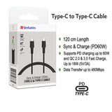 VERBATIM CHARGER 4 PORT TYPE C USB 3.0 CHARGER 100 WATTS WITH TYPE C TO TYPE C CABLE SET