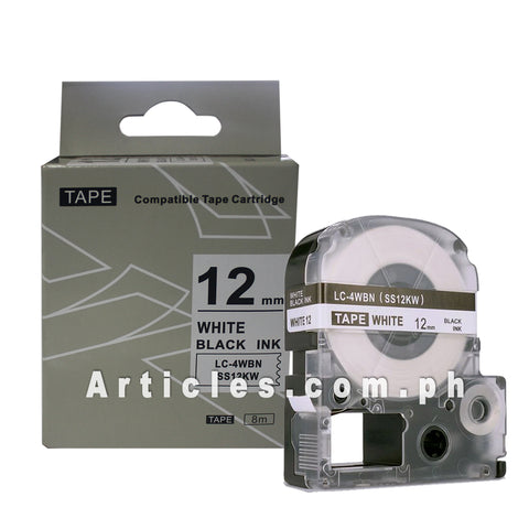 Compatible Laminated Label tape for LC-4WBN Epson LabelWorks SS12KW Kingjim Label Printer 12mm X 8m Black on White