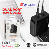 Verbatim USB Charger Dual Port Quick Charge 3.0 Fast Charger 36 Watts