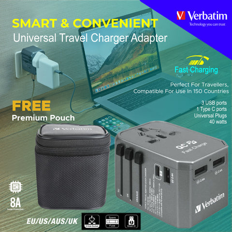 Verbatim 4 Port Universal Travel Charger Adapter Type C Port USB Port 40 watts with FREE Premium Pouch